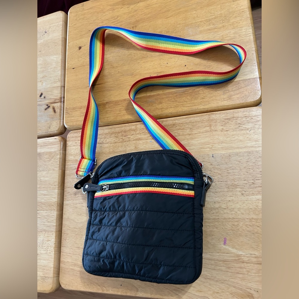 Sondra Roberts Black Crossbody Bag with Multicolor Strap